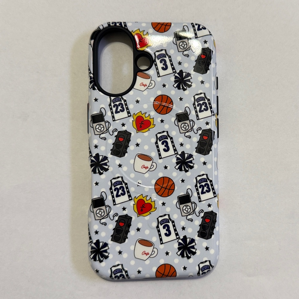 Stylish Gray Phone Case with Sports and Coffee Design